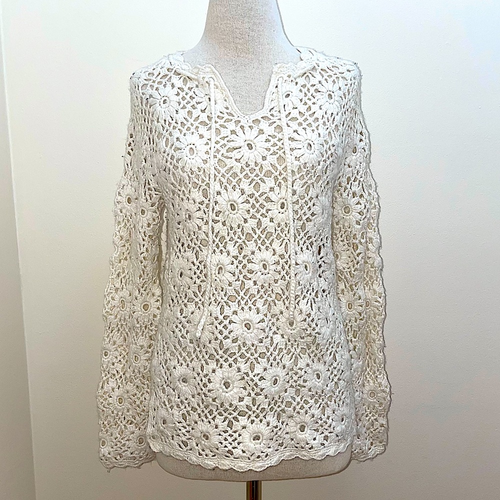 EXPRESS Handknit Open Knit Cream Ivory  granny chic Crochet Wool  Sweater Small - Picture 13 of 13